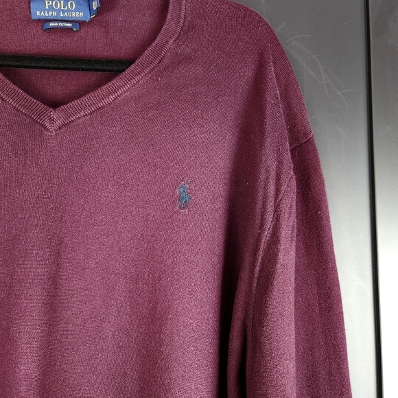 Men's Polo Ralph Lauren Burgundy Pima Cotton Pullover Sweater V-Neck  Size XL - Picture 2 of 4